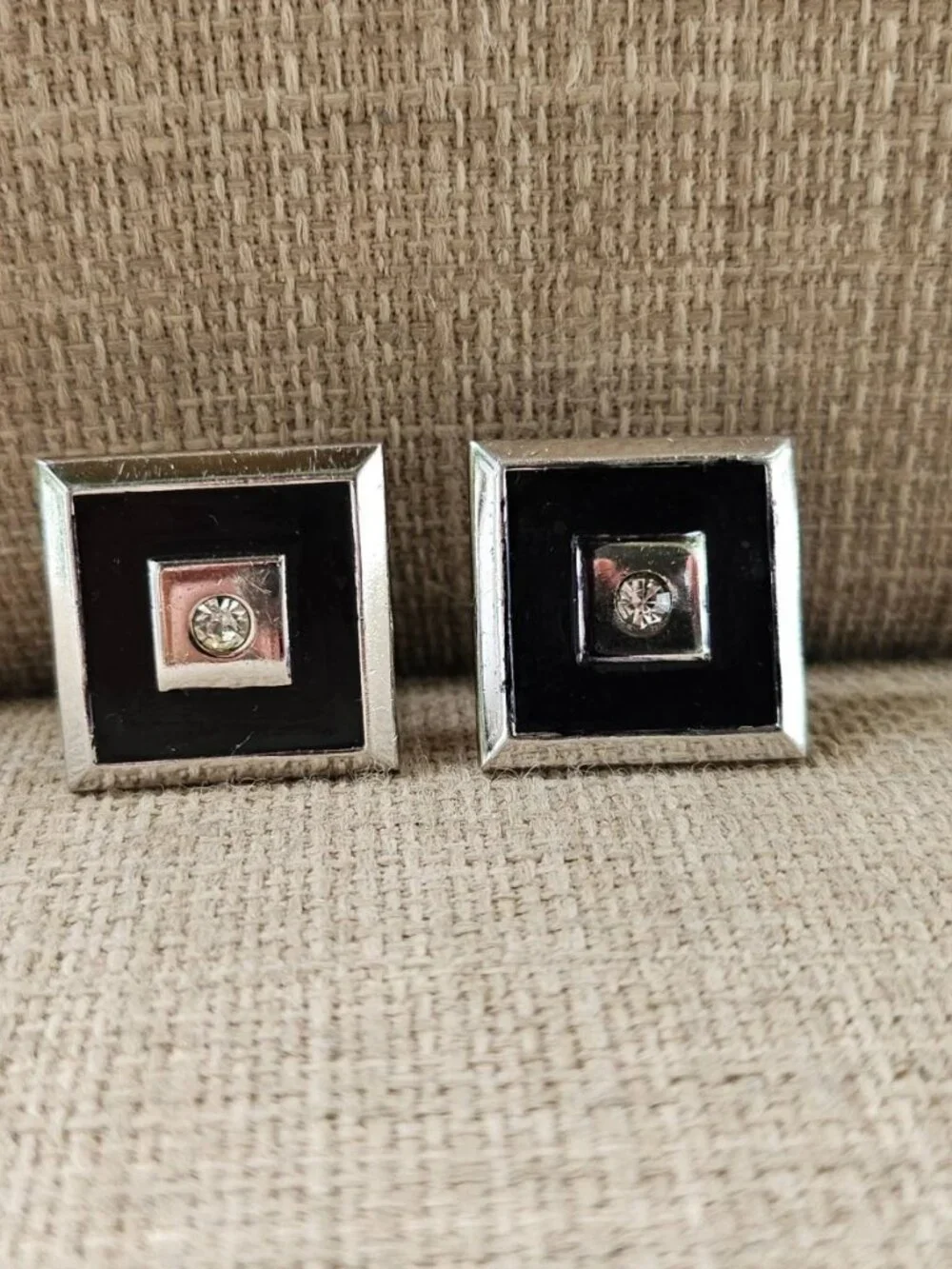 Vintage Swank Cufflinks Black/Silver Tone Metal Square Cuff Links Crystal Accent